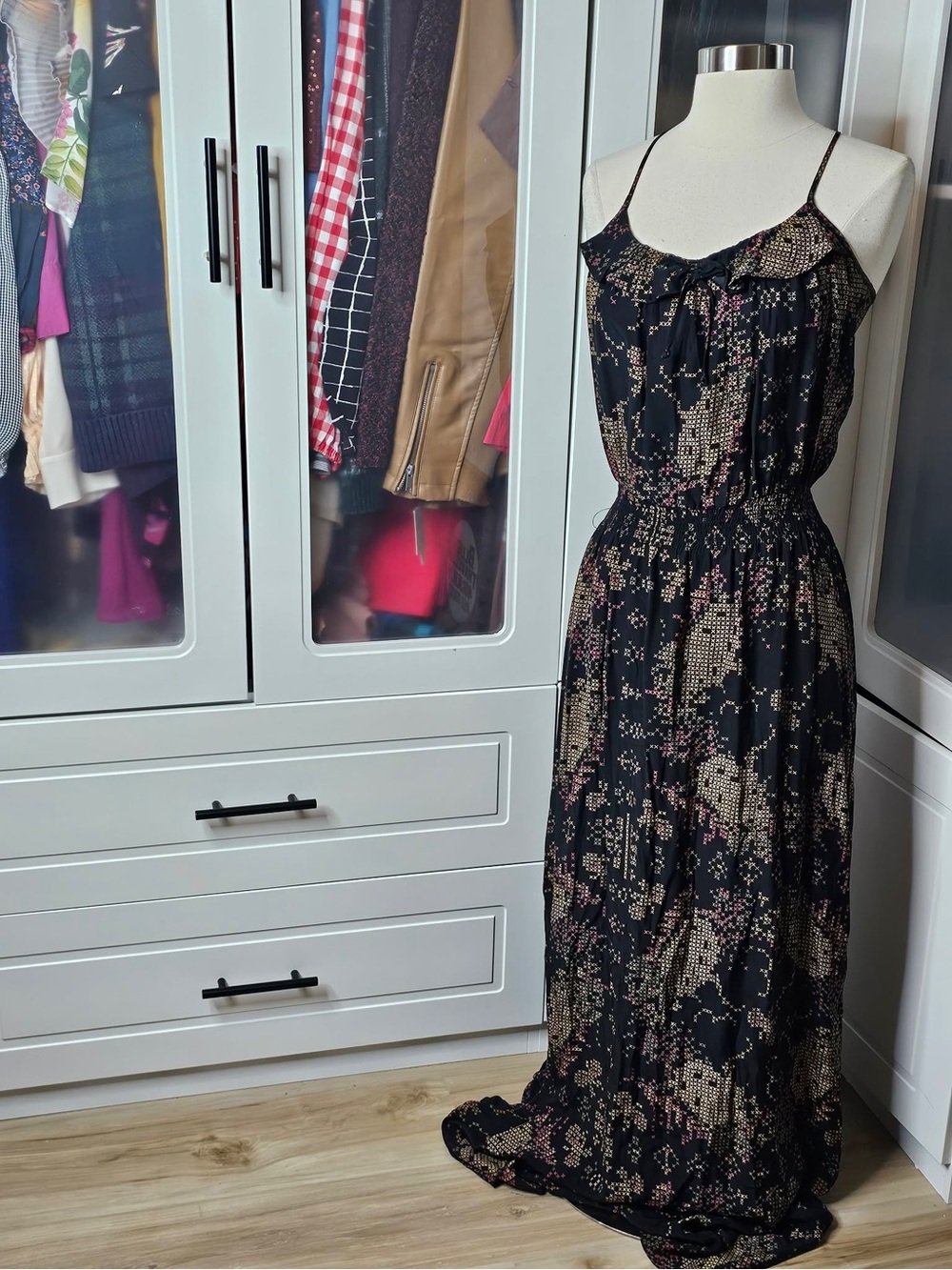 Parker black silk dress with yellow and pink X’s size XS